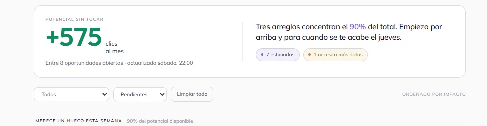 Resumen de una auditoría SEO en AnalySEO: 575 clics al mes de potencial sin tocar repartidos en 8 oportunidades, ordenadas por impacto